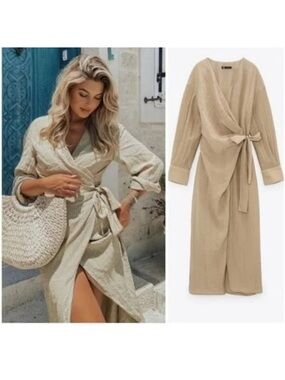 ZARA Wrap midi dress cream tan